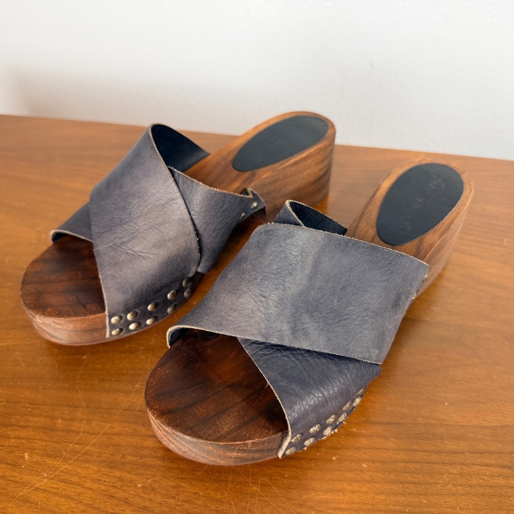 Free People Clog Sandals Womens 39 Purple Leather Studded Wood Platform - Picture 2 of 11